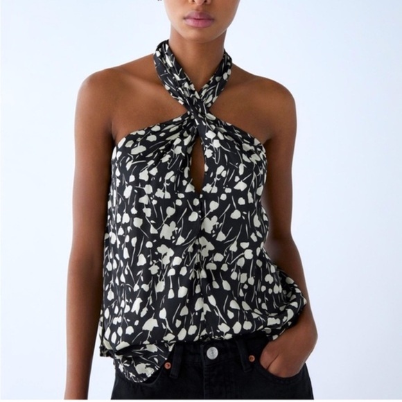 ZARA black and ivory satin easy care halter top - Picture 2 of 11
